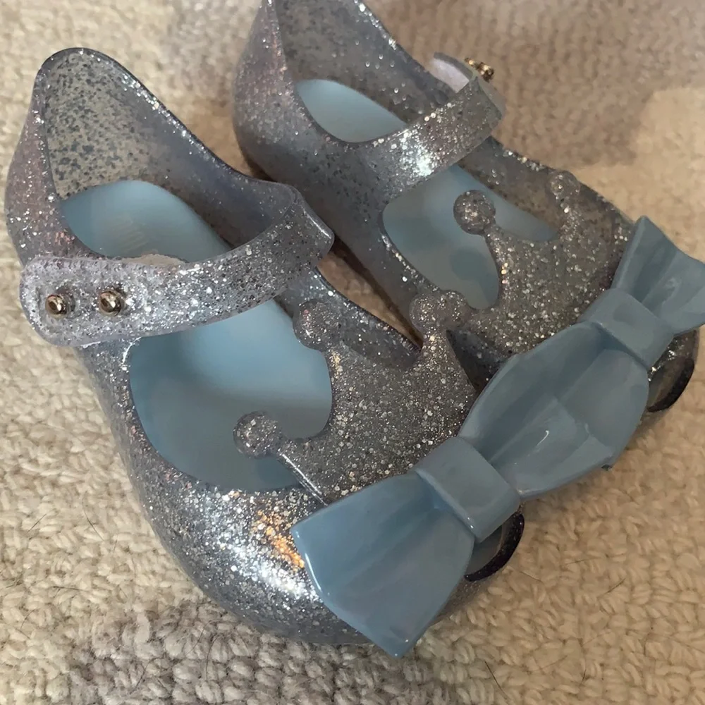 Mini Melissa Silver Glitter Mary Jane Shoes with Blue Bow